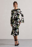 Arlitta Black Floral Print Satin Long-Sleeve Midi Dress