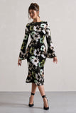 Arlitta Black Floral Print Satin Long-Sleeve Midi Dress