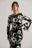Arlitta Black Floral Print Satin Long-Sleeve Midi Dress