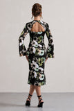 Arlitta Black Floral Print Satin Long-Sleeve Midi Dress