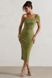 Hawaii Olive Asymmetric One-Shoulder Split Midi Dress
