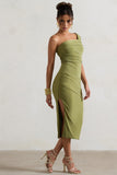 Hawaii Olive Asymmetric One-Shoulder Split Midi Dress