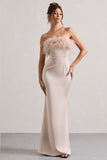 Dress For It Champagne Satin Feather Trim Bandeau Maxi Dress