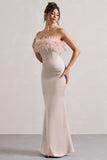 Dress For It Champagne Satin Feather Trim Bandeau Maxi Dress