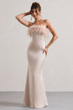 Dress For It Champagne Satin Feather Trim Bandeau Maxi Dress