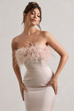 Dress For It Champagne Satin Feather Trim Bandeau Maxi Dress