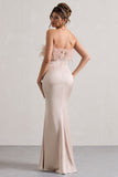 Dress For It Champagne Satin Feather Trim Bandeau Maxi Dress