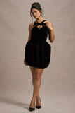 Bonet Black Strappy Structured Velvet Mini Dress With Bow Detail