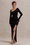 Cosmos Black Asymmetric Long-Sleeve Split Maxi Dress