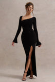 Cosmos Black Asymmetric Long-Sleeve Split Maxi Dress