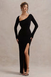 Cosmos Black Asymmetric Long-Sleeve Split Maxi Dress