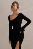 Cosmos Black Asymmetric Long-Sleeve Split Maxi Dress
