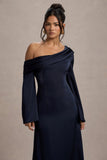 Astral Navy Satin Asymmetric Flared-Sleeve Midi Dress