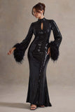 Cosmic Star Black Sequin High-Neck Maxi Dress With Feather Cuffs
