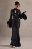 Cosmic Star Black Sequin High-Neck Maxi Dress With Feather Cuffs