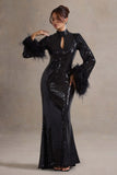 Cosmic Star Black Sequin High-Neck Maxi Dress With Feather Cuffs