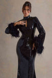 Cosmic Star Black Sequin High-Neck Maxi Dress With Feather Cuffs