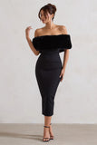 Zia Black Bardot Midi Dress With Fur Trim