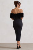 Zia Black Bardot Midi Dress With Fur Trim