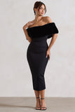 Zia Black Bardot Midi Dress With Fur Trim