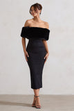 Zia Black Bardot Midi Dress With Fur Trim