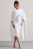 Vana White Draped Midi Dress With Cape Sleeves