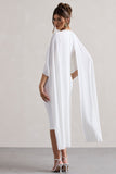 Vana White Draped Midi Dress With Cape Sleeves