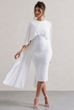 Vana White Draped Midi Dress With Cape Sleeves