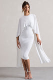 Vana White Draped Midi Dress With Cape Sleeves