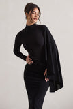 Tamika Black High-Neck Cape-Sleeve Midi Dress With Feathers
