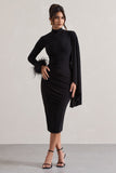 Tamika Black High-Neck Cape-Sleeve Midi Dress With Feathers