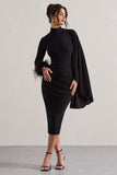 Tamika Black High-Neck Cape-Sleeve Midi Dress With Feathers