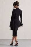 Tamika Black High-Neck Cape-Sleeve Midi Dress With Feathers