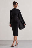 Tamika Black High-Neck Cape-Sleeve Midi Dress With Feathers