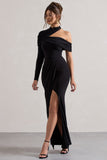 Tyla Black Asymmetric High-Neck Split Maxi Dress