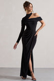 Tyla Black Asymmetric High-Neck Split Maxi Dress