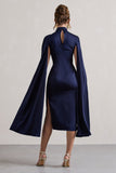 Brogan Navy Satin High-Neck Midi Dress With Cape Sleeves