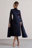 Brogan Navy Satin High-Neck Midi Dress With Cape Sleeves