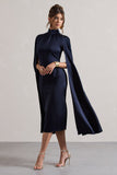 Brogan Navy Satin High-Neck Midi Dress With Cape Sleeves