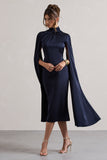 Brogan Navy Satin High-Neck Midi Dress With Cape Sleeves