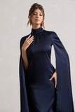 Brogan Navy Satin High-Neck Midi Dress With Cape Sleeves