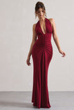 Payton Berry Ruched Halter-Neck Maxi Dress