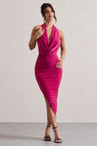 Hayley Hot Pink Cowl-Neck Asymmetric Maxi Dress