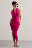 Hayley Hot Pink Cowl-Neck Asymmetric Maxi Dress