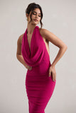 Hayley Hot Pink Cowl-Neck Asymmetric Maxi Dress