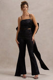 Sweet Escape Black Satin Crop Top With Oversized Satin Bow