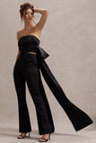 Sweet Escape Black Satin Crop Top With Oversized Satin Bow