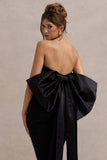 Sweet Escape Black Satin Crop Top With Oversized Satin Bow