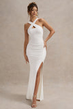 Jianna White Cross Over Halter-Neck Split Maxi Dress