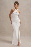 Jianna White Cross Over Halter-Neck Split Maxi Dress